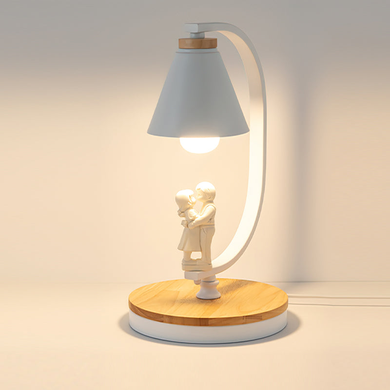 Bureaulamp met Houten Voet, Metalen Frame en Vogelaccent