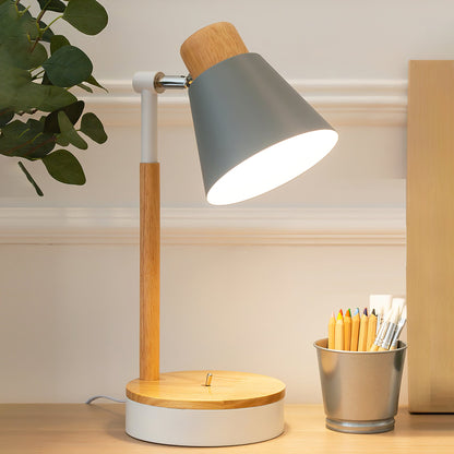 Bureaulamp met wit metalen kap en houten basis