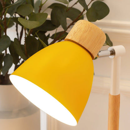 Bureaulamp met wit metalen kap en houten basis