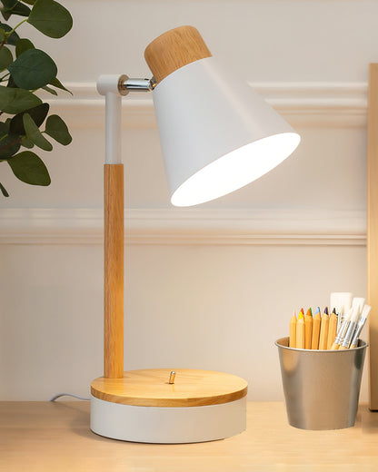 Bureaulamp met wit metalen kap en houten basis
