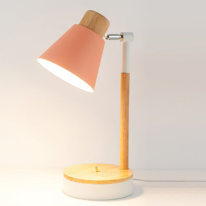 Bureaulamp met wit metalen kap en houten basis