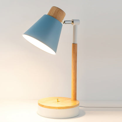 Bureaulamp met wit metalen kap en houten basis