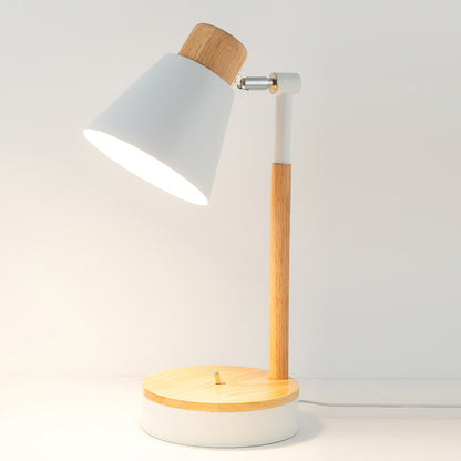 Bureaulamp met wit metalen kap en houten basis