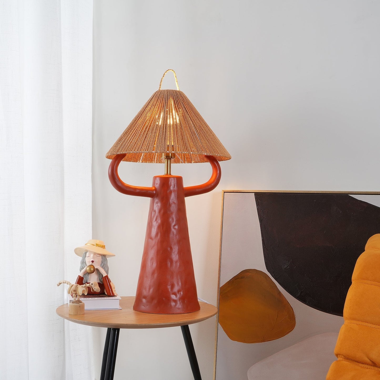 Keramische Tafellamp met Raffia Lampenkap en E27 Fitting