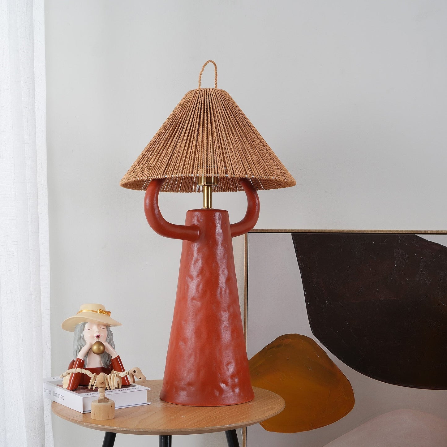 Keramische Tafellamp met Raffia Lampenkap en E27 Fitting