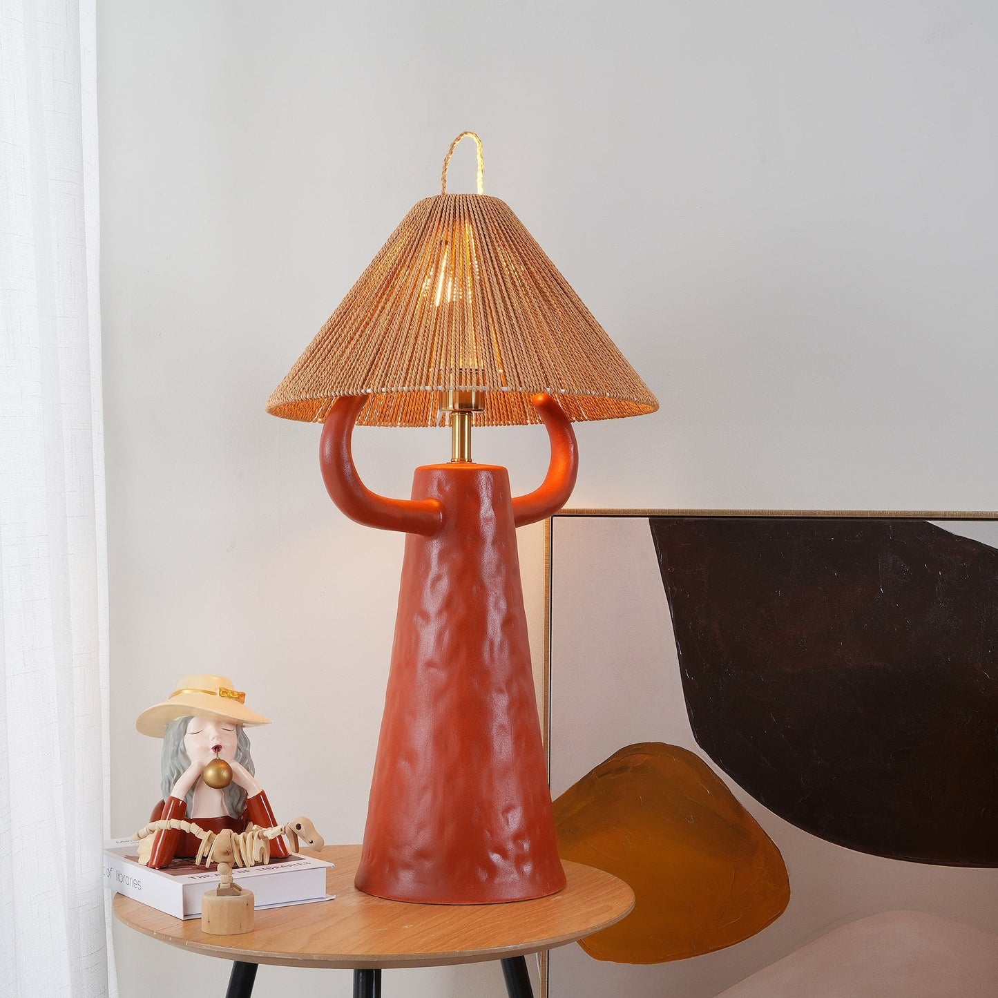 Keramische Tafellamp met Raffia Lampenkap en E27 Fitting
