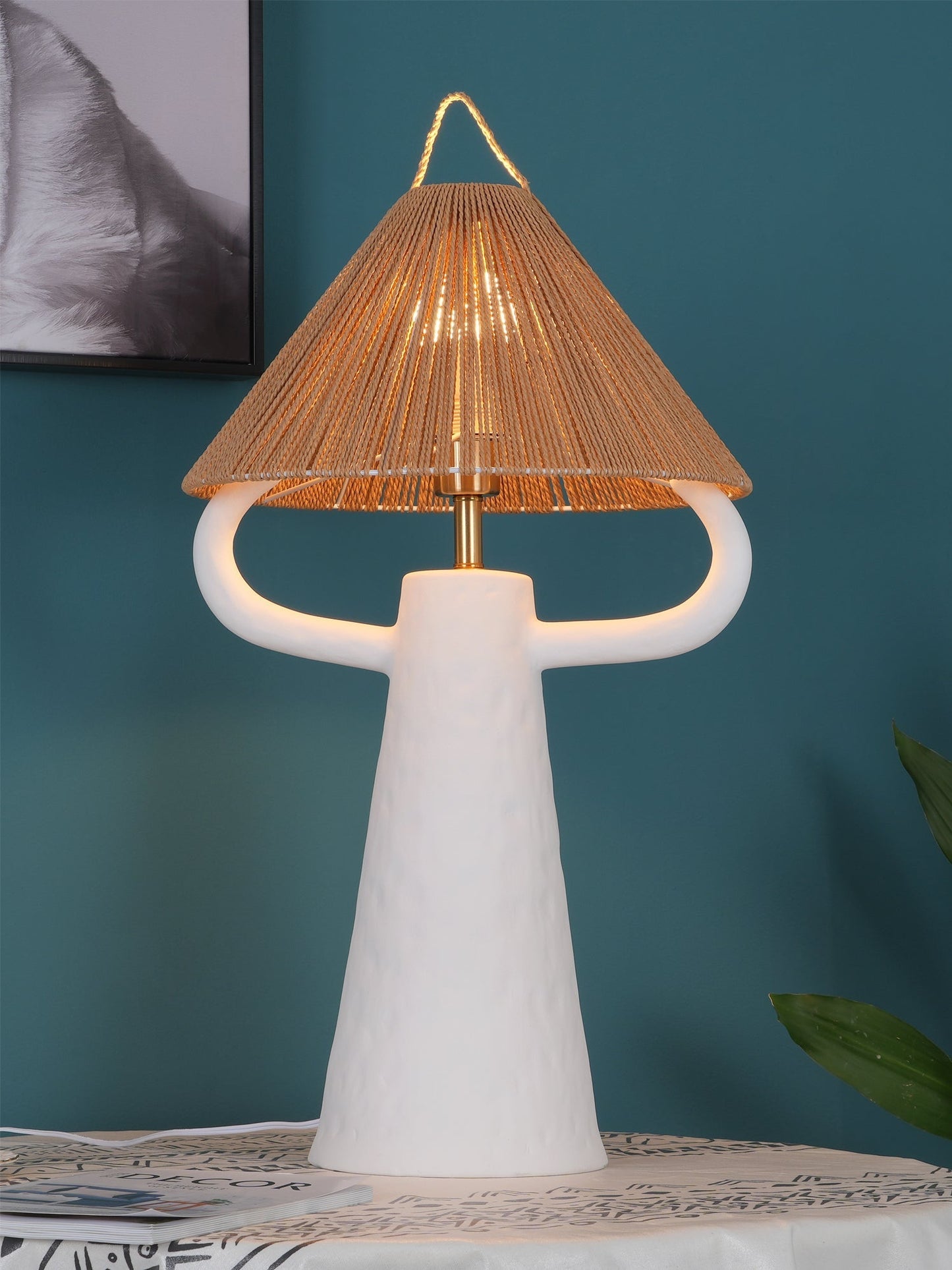Keramische Tafellamp met Raffia Lampenkap en E27 Fitting