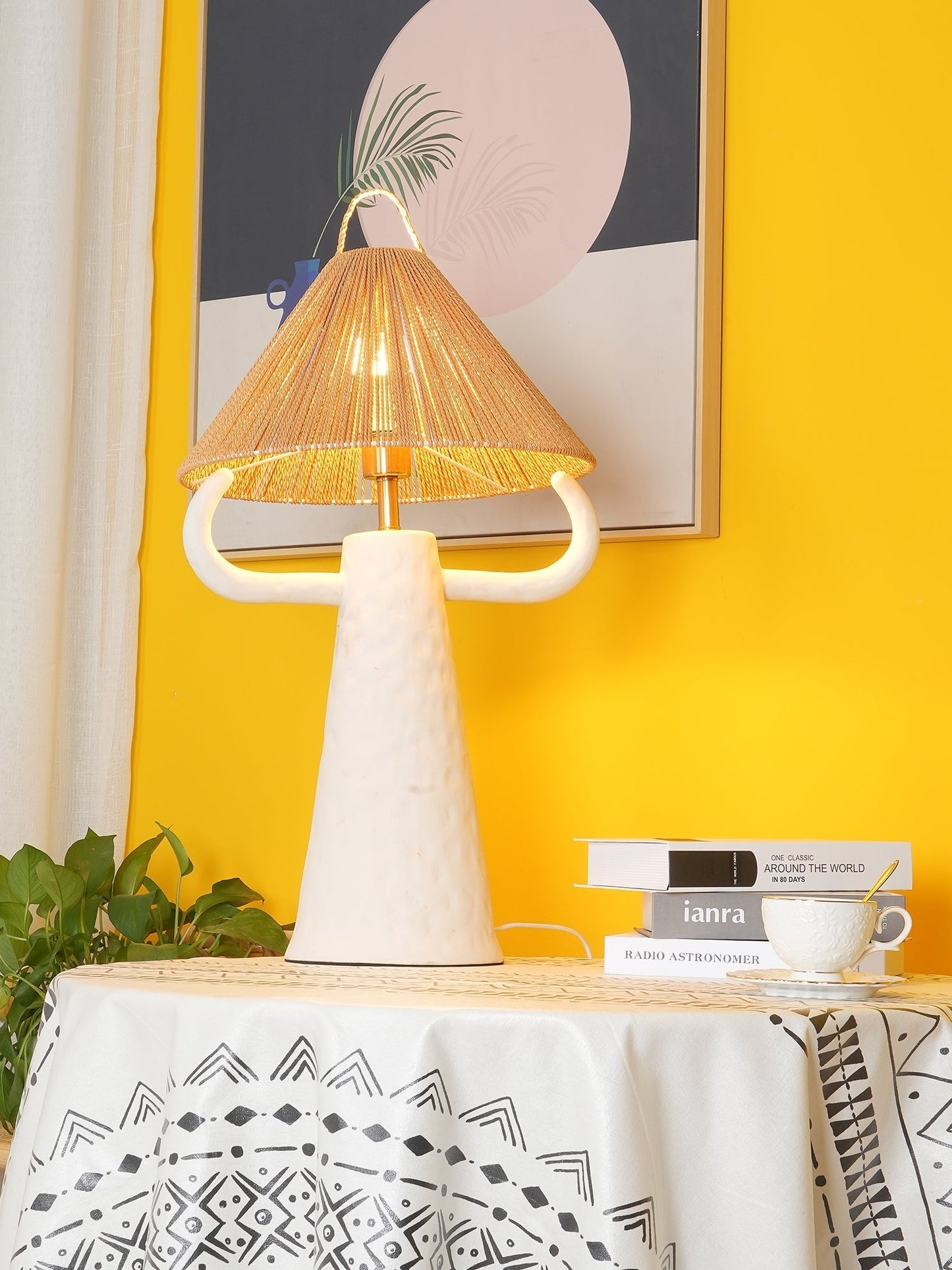 Keramische Tafellamp met Raffia Lampenkap en E27 Fitting