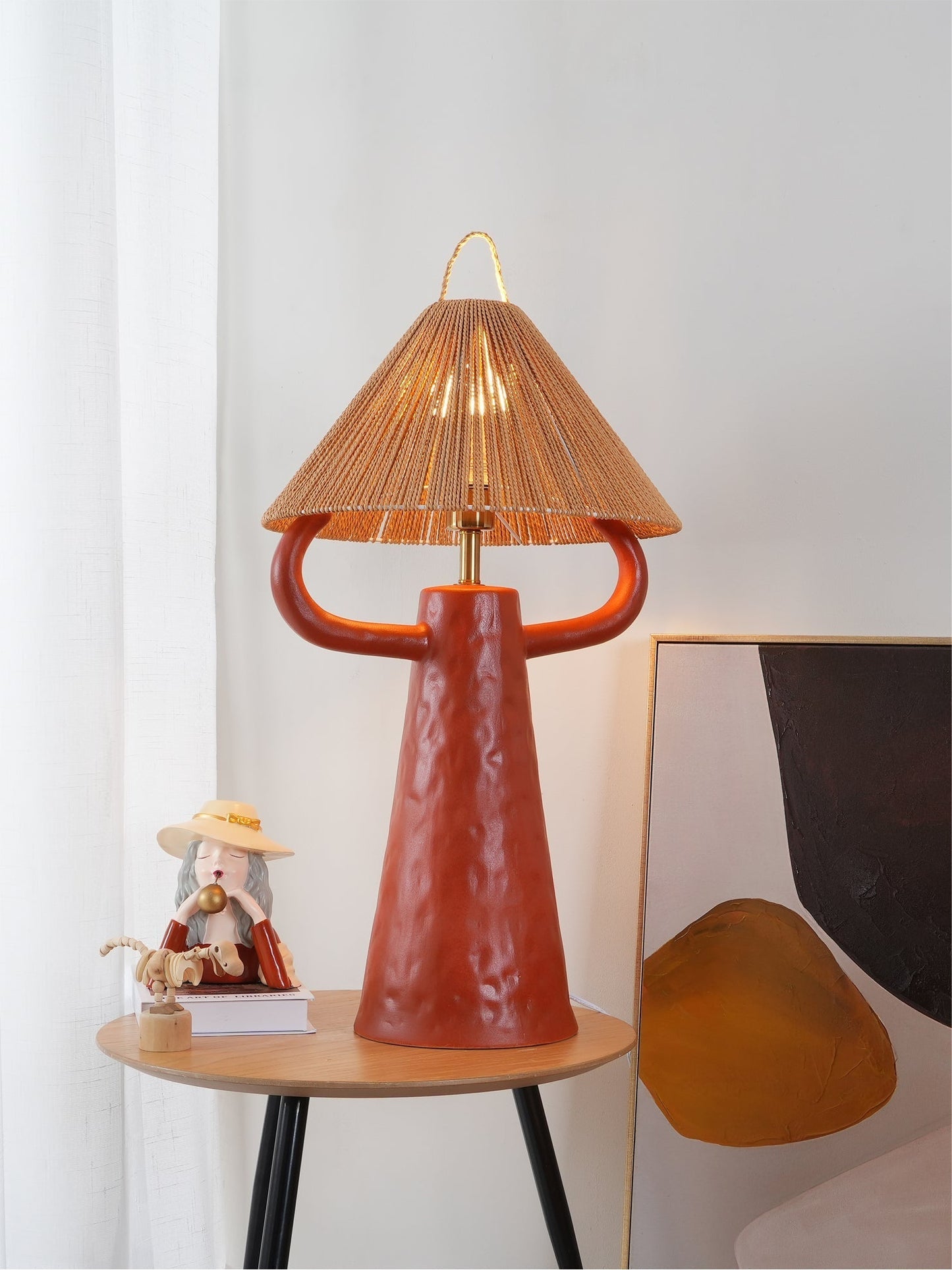Keramische Tafellamp met Raffia Lampenkap en E27 Fitting