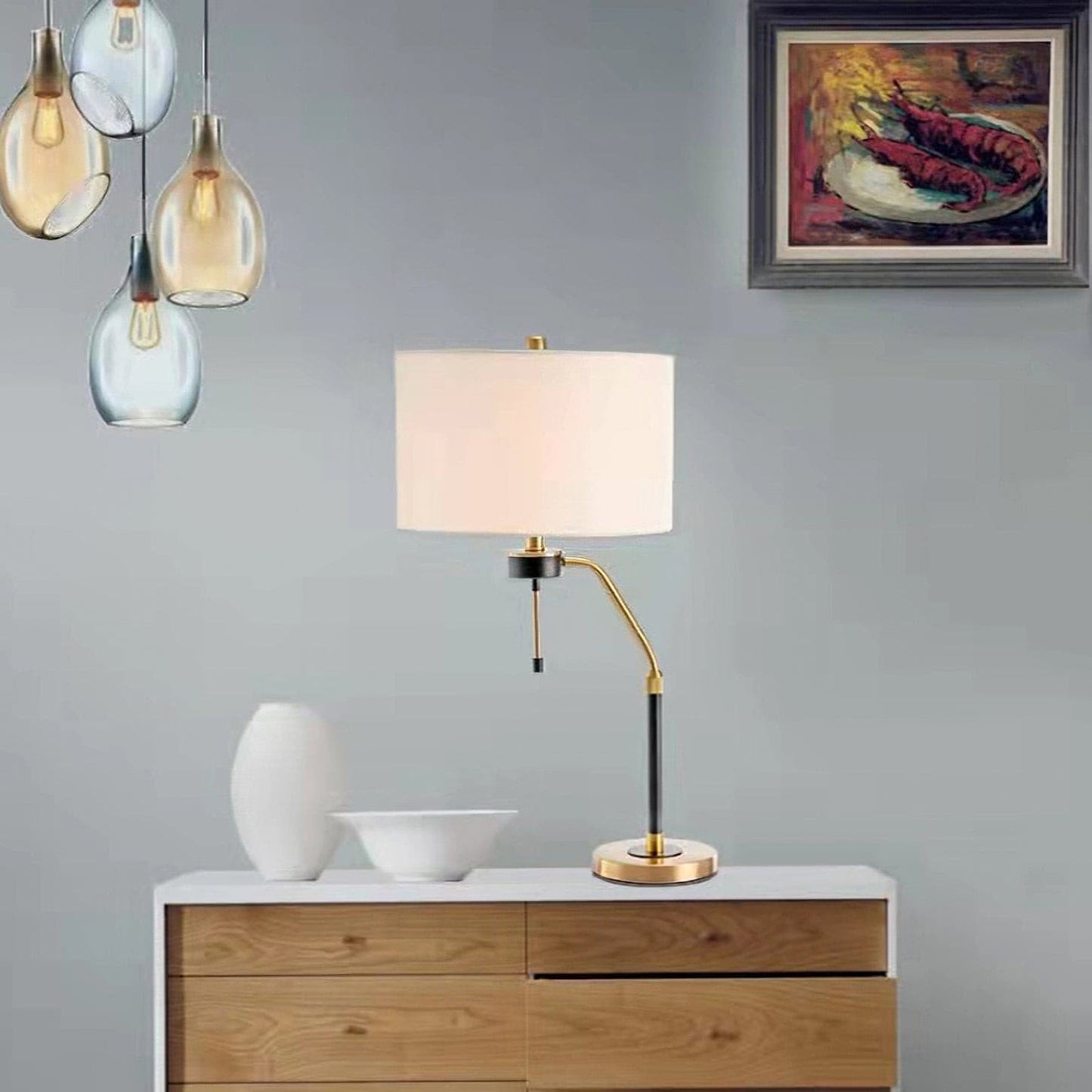Tafellamp met Metalen Voet en Stoffen Lampenkap in Beige