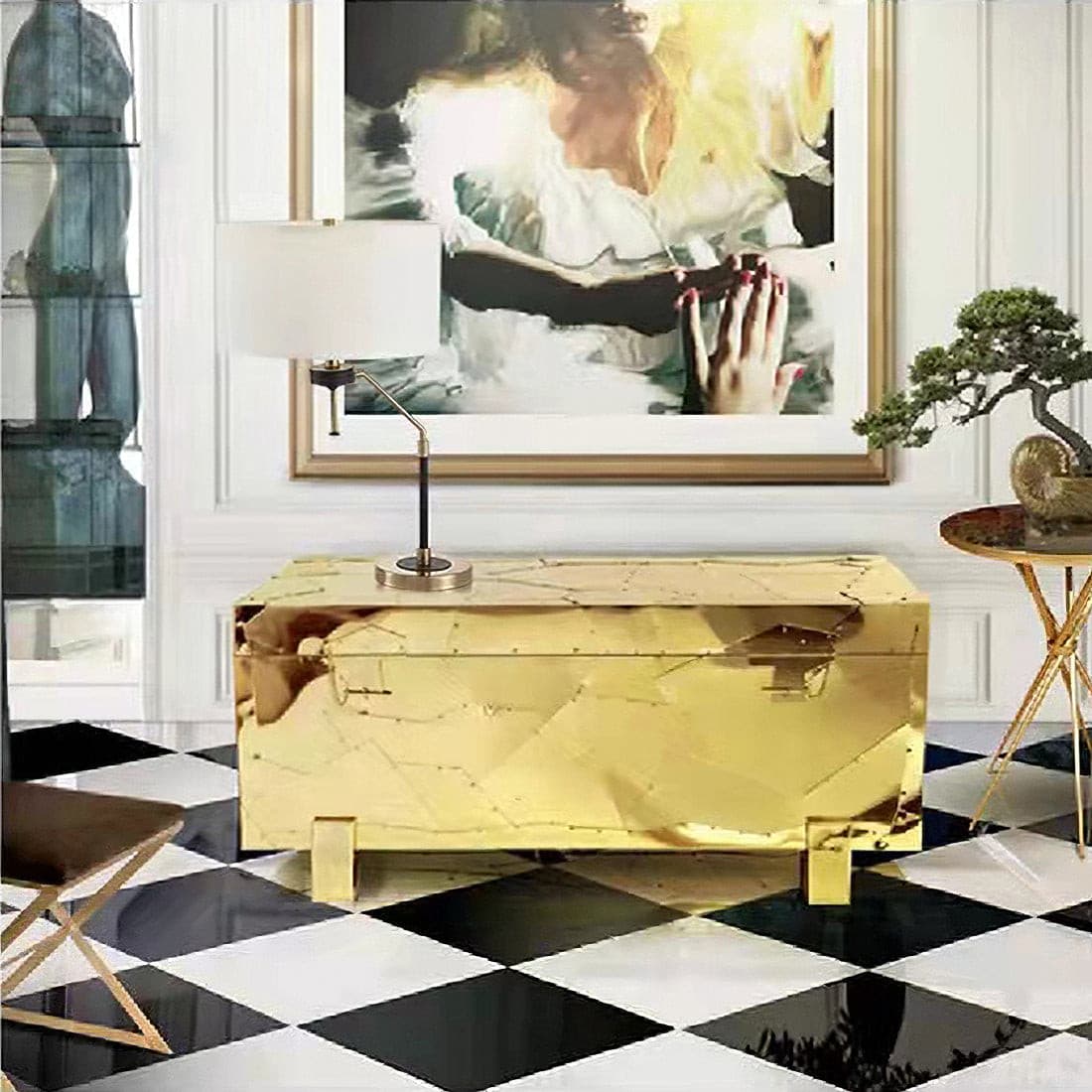 Tafellamp met Metalen Voet en Stoffen Lampenkap in Beige