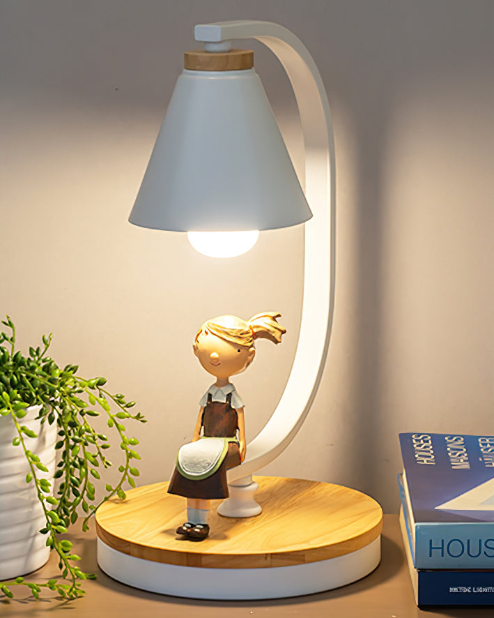 Bureaulamp met Houten Voet, Metalen Frame en Vogelaccent