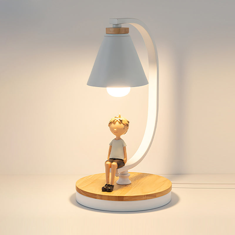 Bureaulamp met Houten Voet, Metalen Frame en Vogelaccent