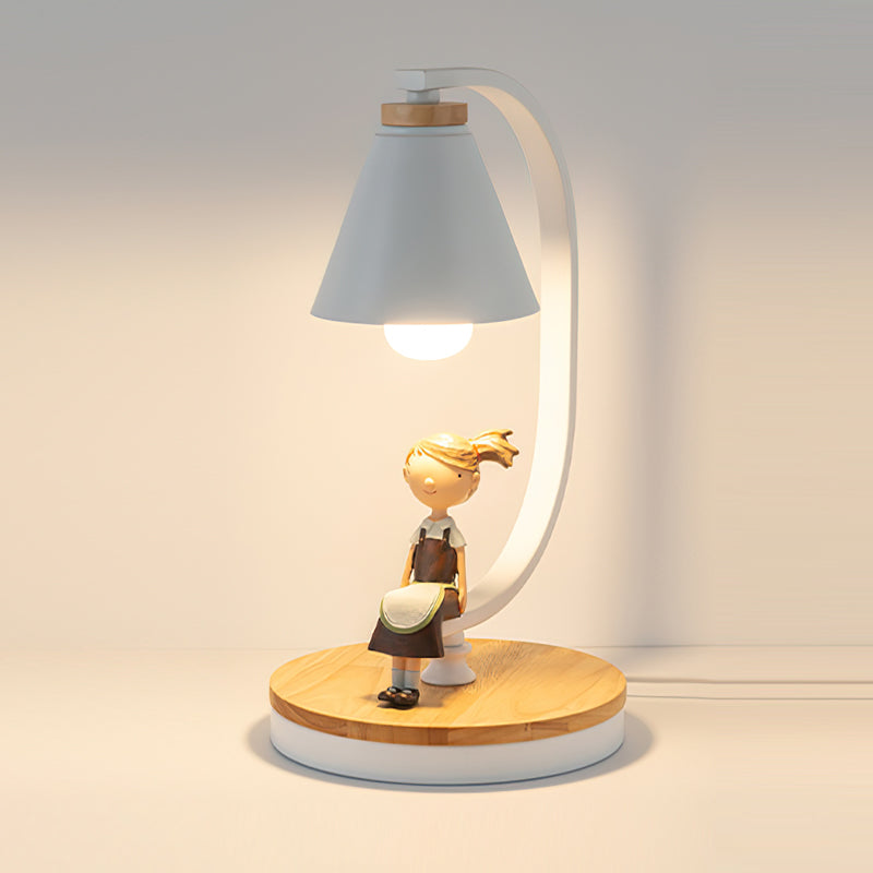 Bureaulamp met Houten Voet, Metalen Frame en Vogelaccent