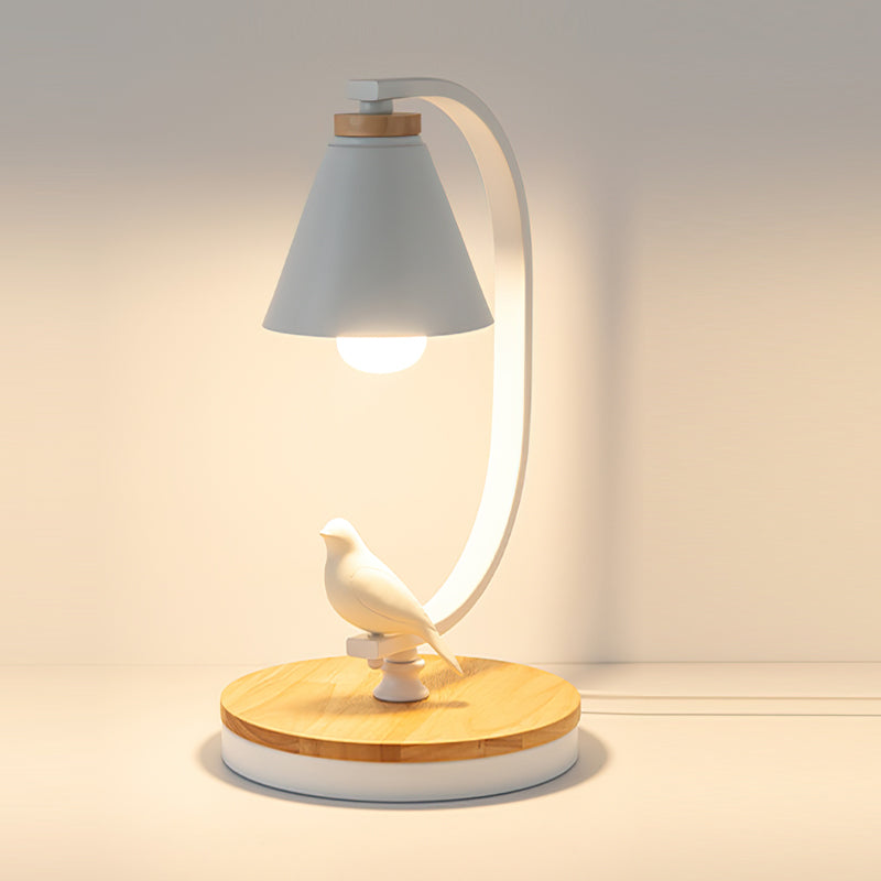 Bureaulamp met Houten Voet, Metalen Frame en Vogelaccent