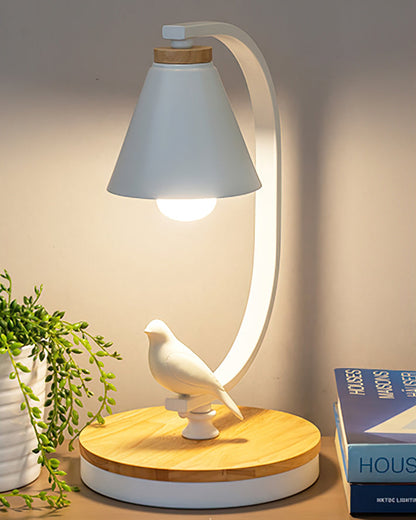 Bureaulamp met Houten Voet, Metalen Frame en Vogelaccent