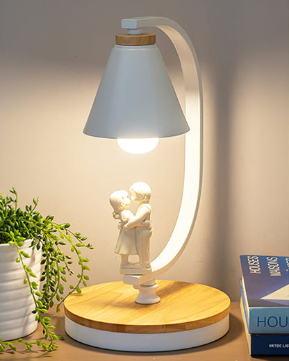 Bureaulamp met Houten Voet, Metalen Frame en Vogelaccent