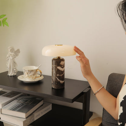 Bureaulamp met marmeren voet en glazen kap