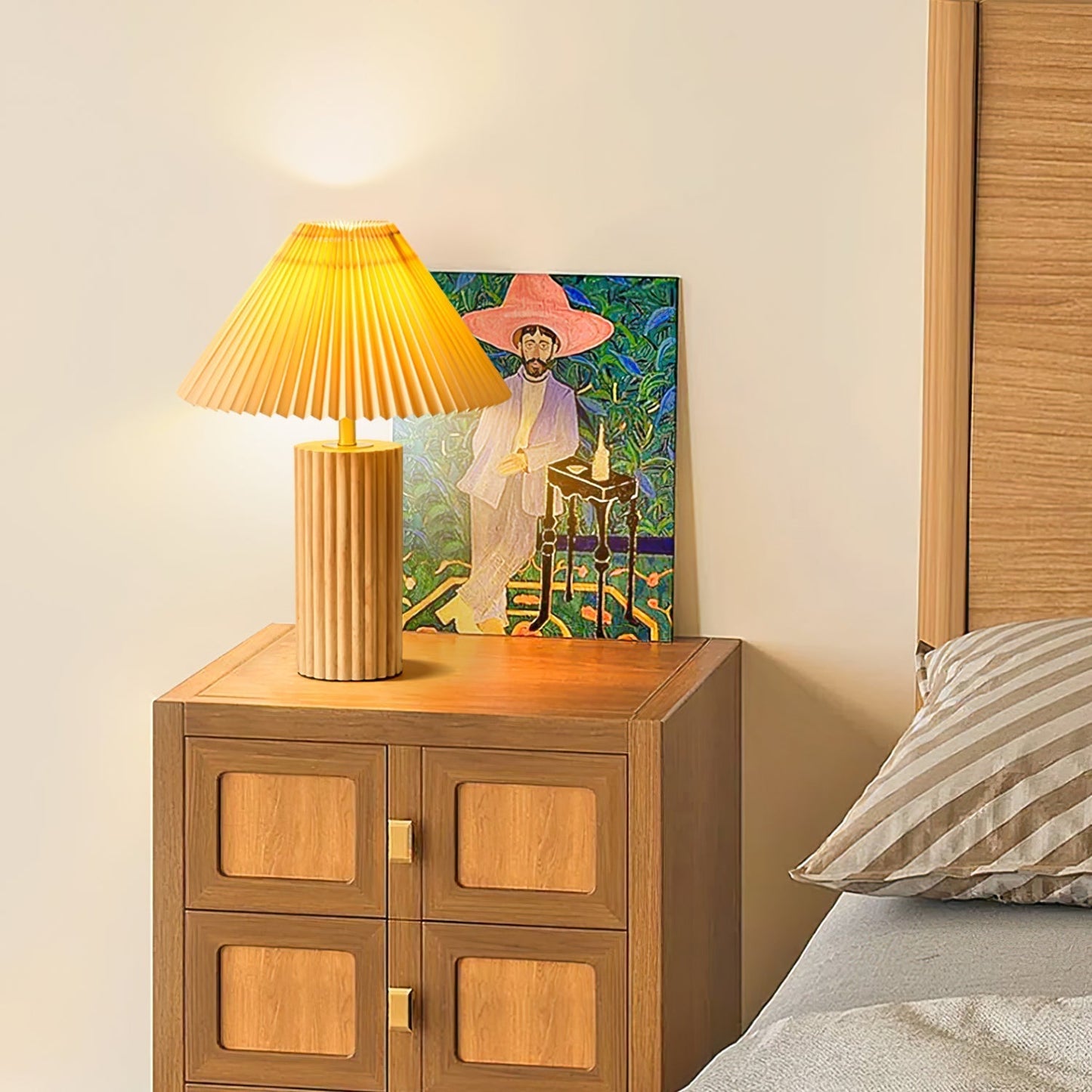 Tafellamp met Houten Voet en Stoffen Kap voor Binnenverlichting