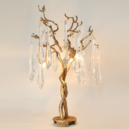 Tafellamp met Messing Takken en Glazen Druppels voor Warm Licht