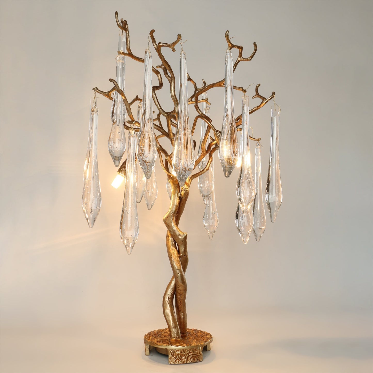 Tafellamp met Messing Takken en Glazen Druppels voor Warm Licht