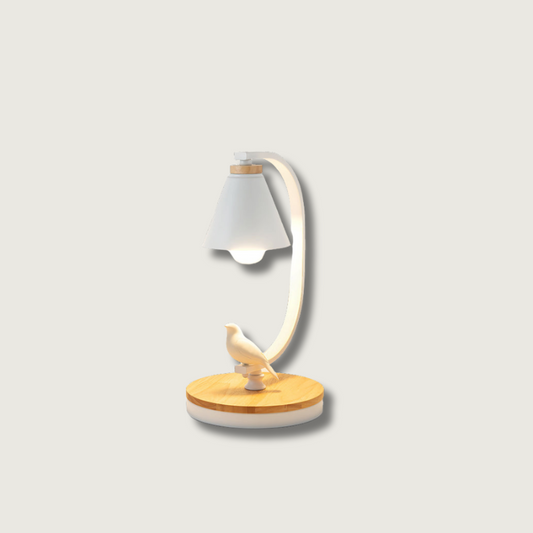 Bureaulamp met Houten Voet, Metalen Frame en Vogelaccent