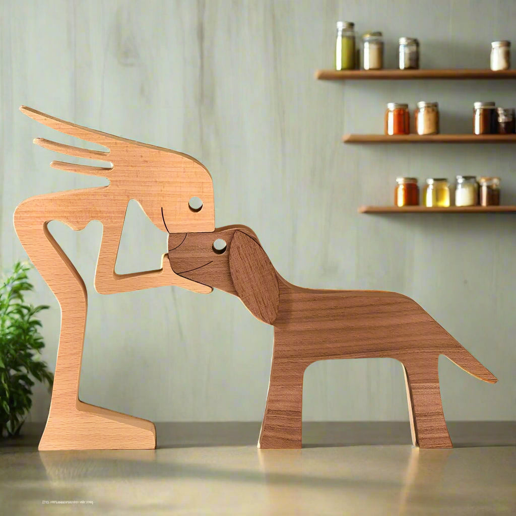 Houten Sculptuur van Mens en Hond – Handgemaakt Decoratief Beeld