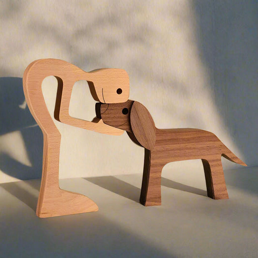 Houten Sculptuur van Mens en Hond – Handgemaakt Decoratief Beeld