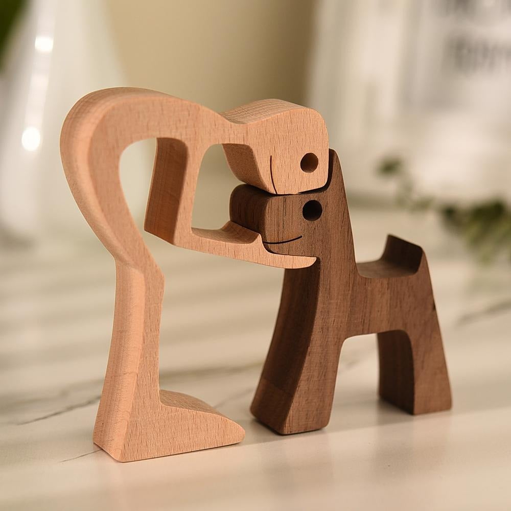 Houten Sculptuur van Mens en Hond – Handgemaakt Decoratief Beeld