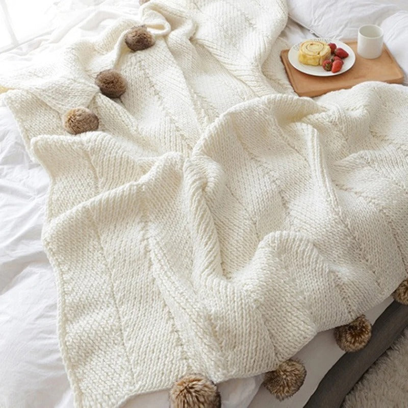 Chenille Deken met Pompons – Chunky Gebreide Woondeken voor Bank en Bed