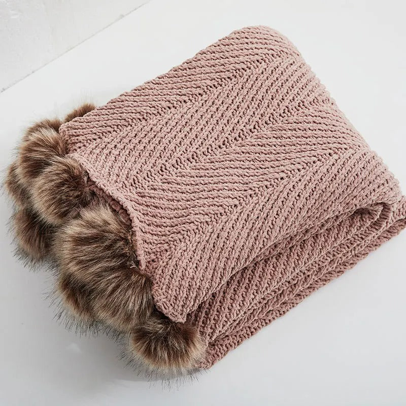 Chenille Deken met Pompons – Chunky Gebreide Woondeken voor Bank en Bed